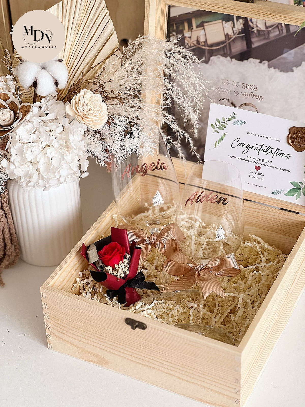 Wedding Gift - Couple Wine Glass in Wooden Box (Option to Add Heart Jewelry Box / Hexagon Coaster)