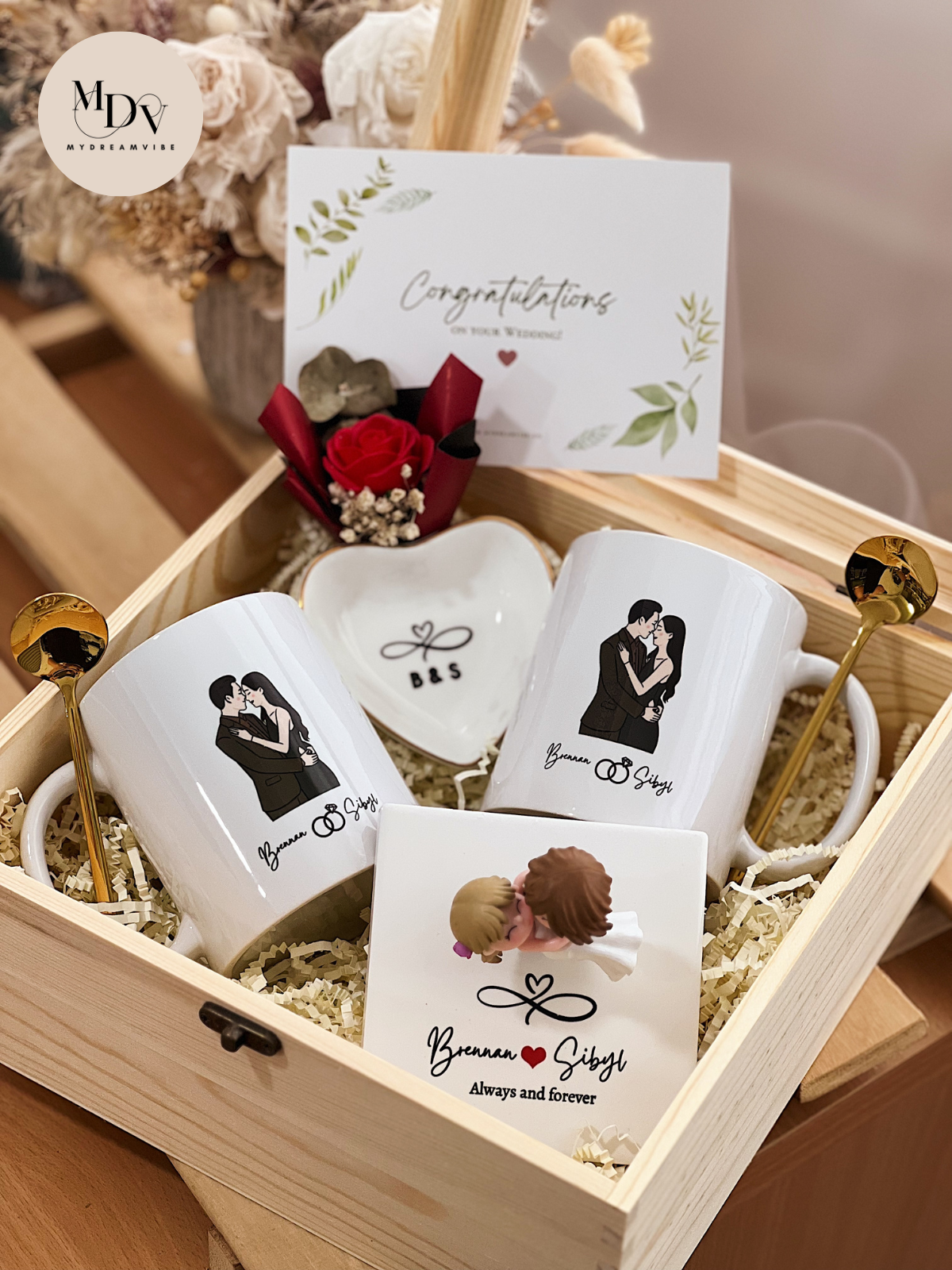 Wedding Gift - Portrait Illustration Couple Wedding Mugs with Figurine Display and Heart Trinket Tray