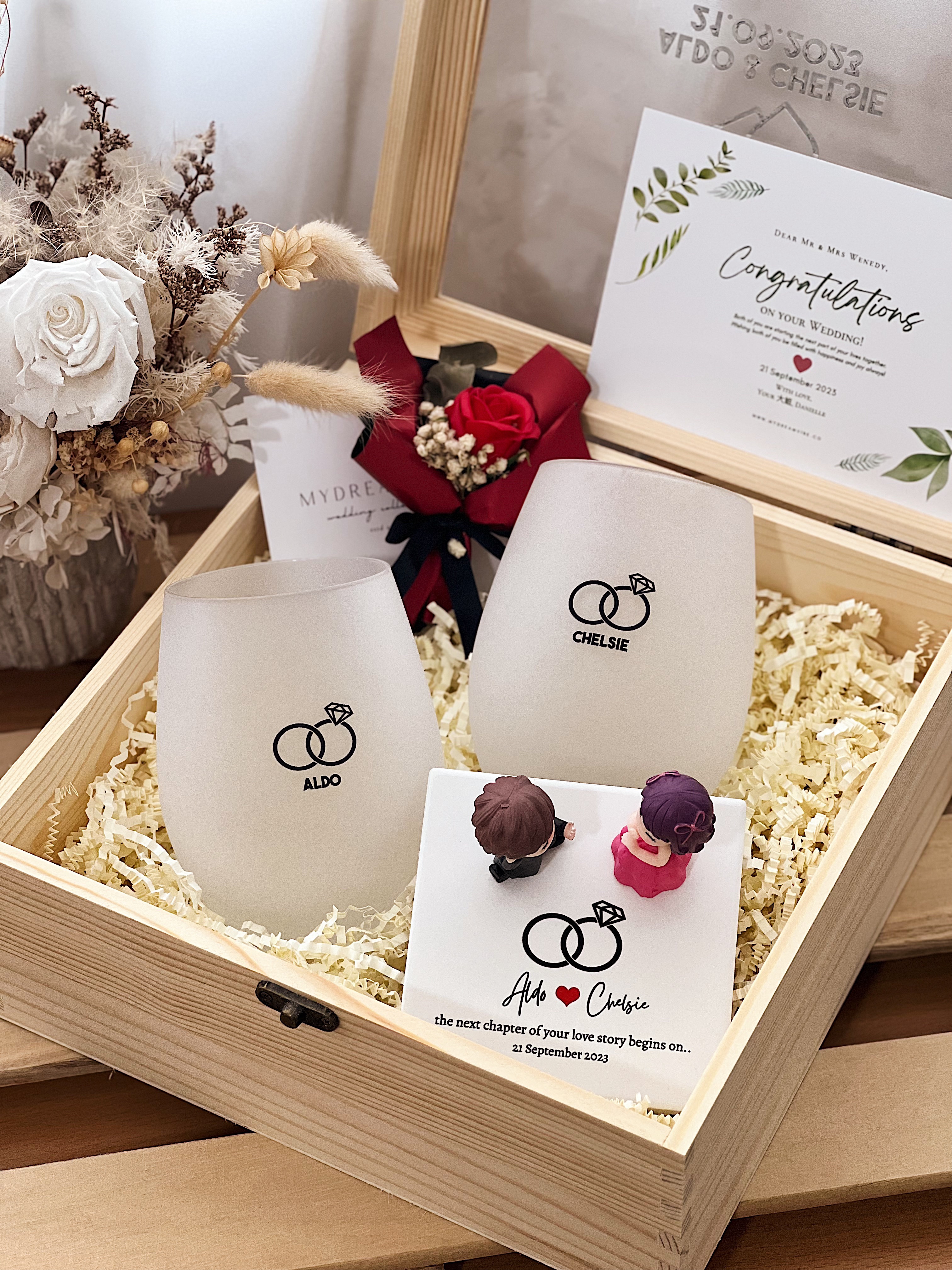 Wedding Gift -  Couple Frosted Stemless Wine Glass with Figurine in Wooden Box