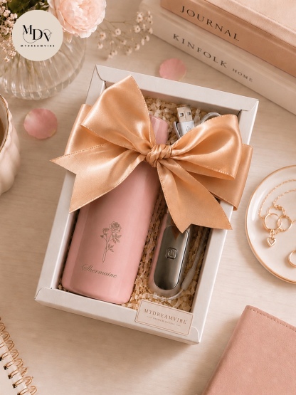 The Summer Breeze: Personalised Sparkle Flask & Mini Portable Fan Gift Set