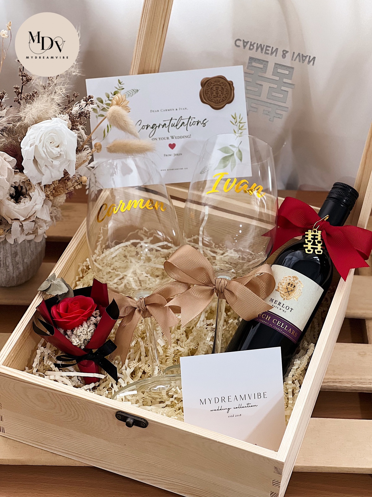 Wedding Gift - Couple Wine Glass with Wine in Wooden Box