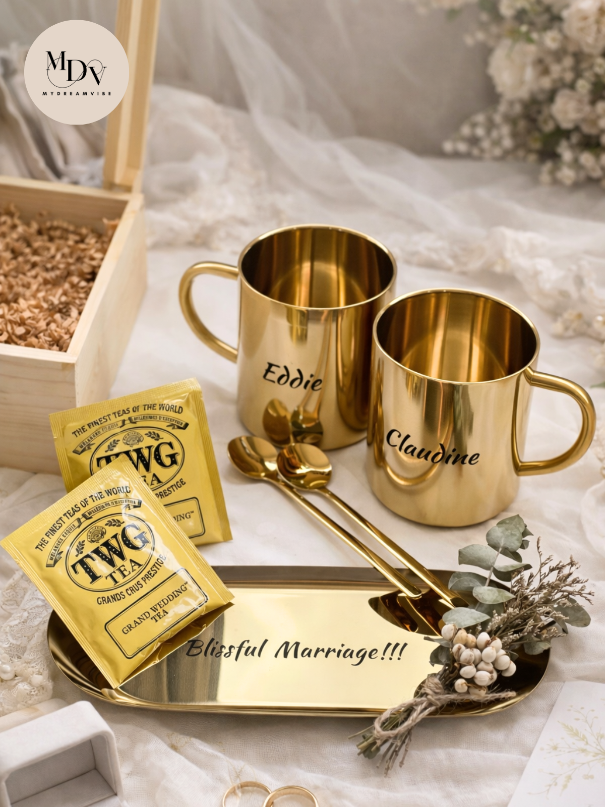 Couple’s Luxe Gold Mug Gift Set – Wedding Keepsake in Wooden Box