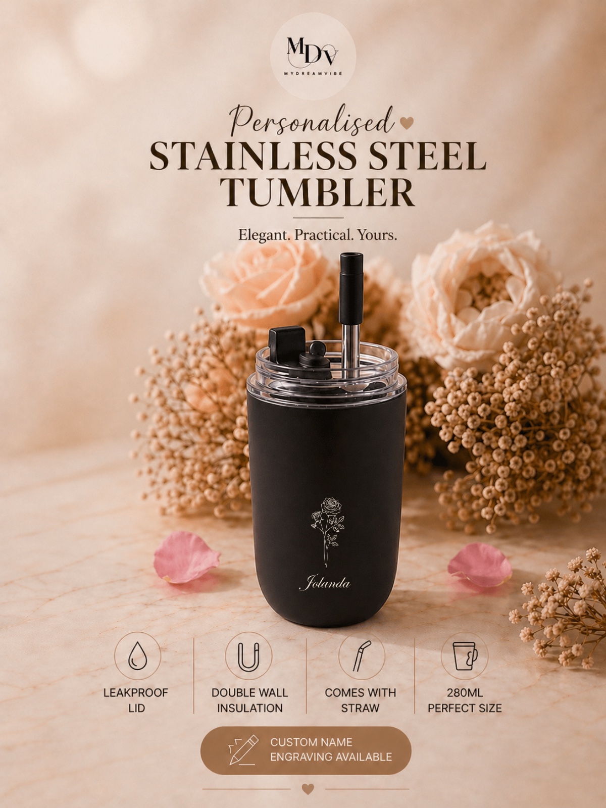 280ml Double Wall Stainless Steel Engraved Coffee Cup with Straw - BLACK