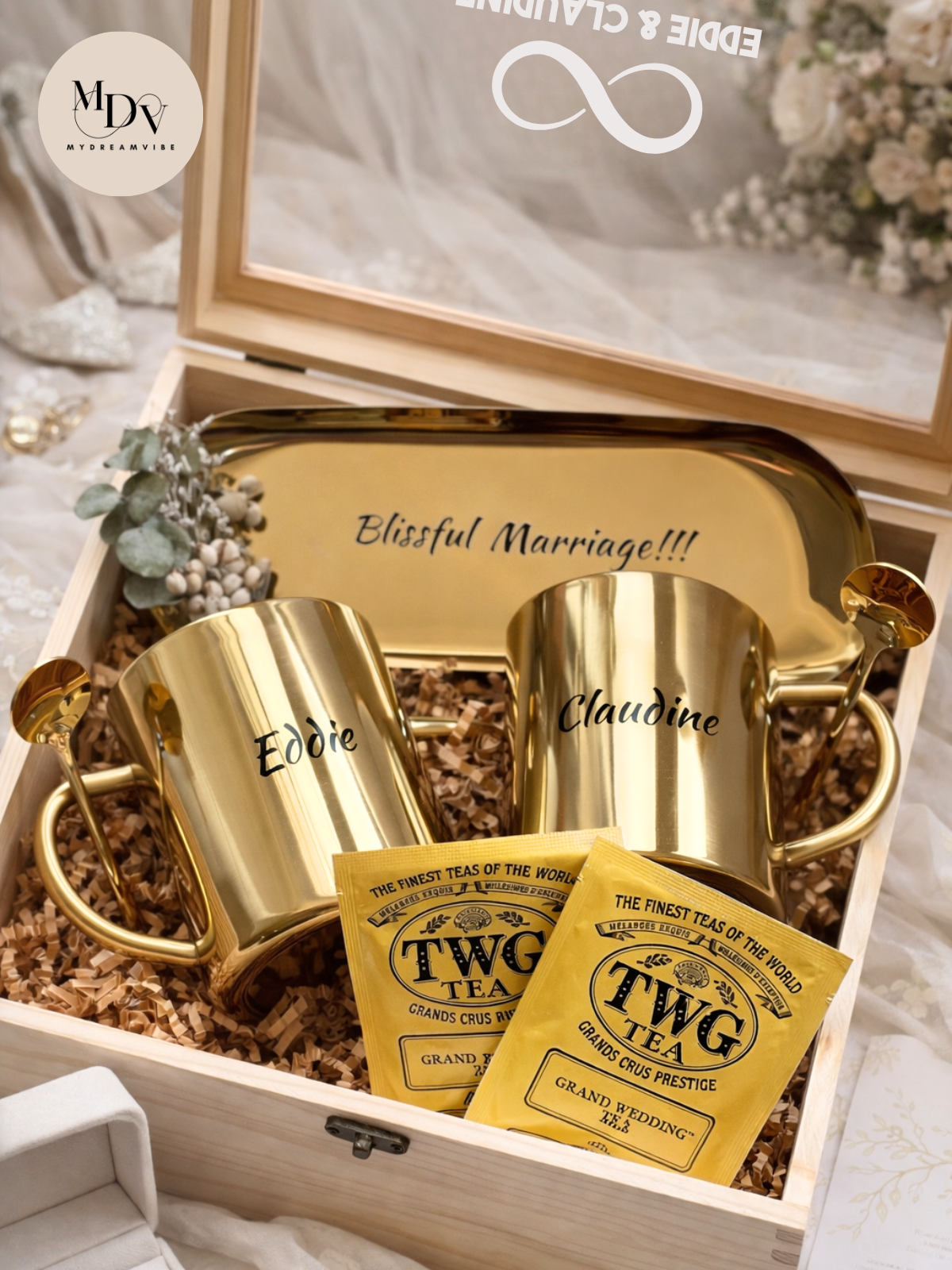 Couple’s Luxe Gold Mug Gift Set – Wedding Keepsake in Wooden Box