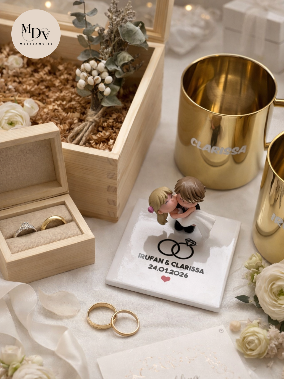 Golden Moments – Personalised Wedding Figurine with Gold Mugs in Singapore