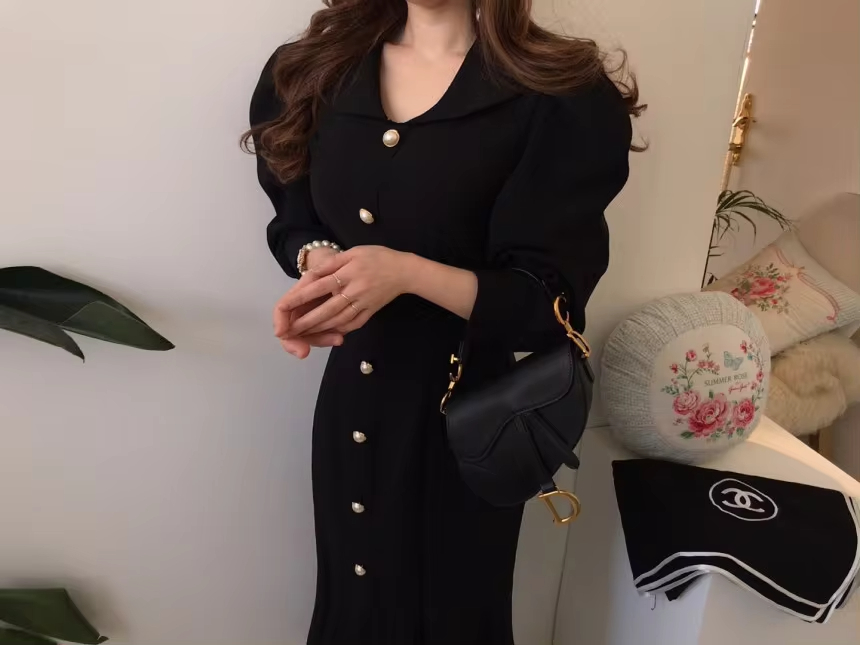 Chic Women's Dress In Stock French Bubble Sleeves Flip Collar Fishtail Skirt Clothing Dress