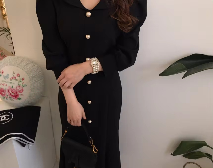 Chic Women's Dress In Stock French Bubble Sleeves Flip Collar Fishtail Skirt Clothing Dress