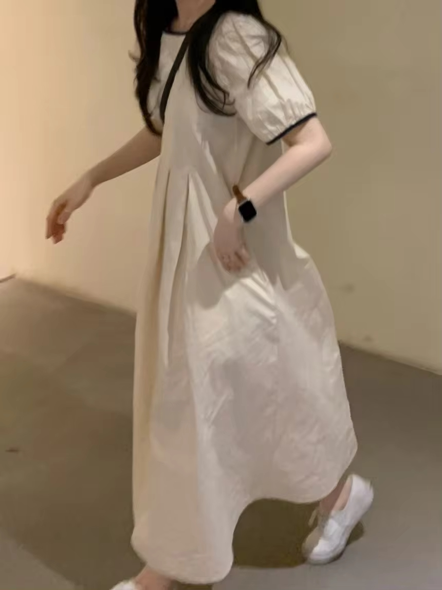 Hot Selling Japan Korean Dresses Small And Minimalist Round Neck Patchwork Contrasting Loose Casual Dress