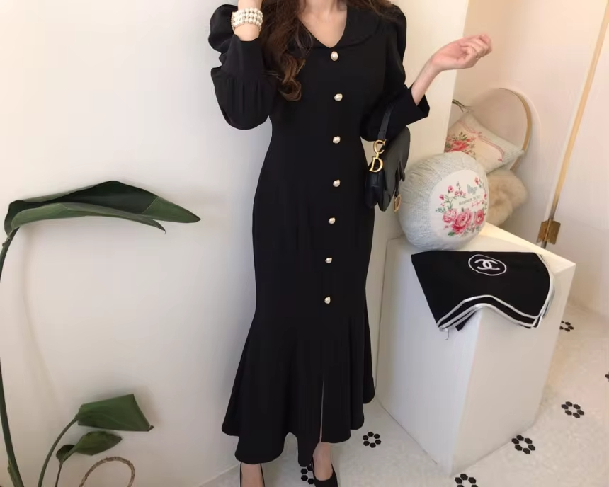 Chic Women's Dress In Stock French Bubble Sleeves Flip Collar Fishtail Skirt Clothing Dress