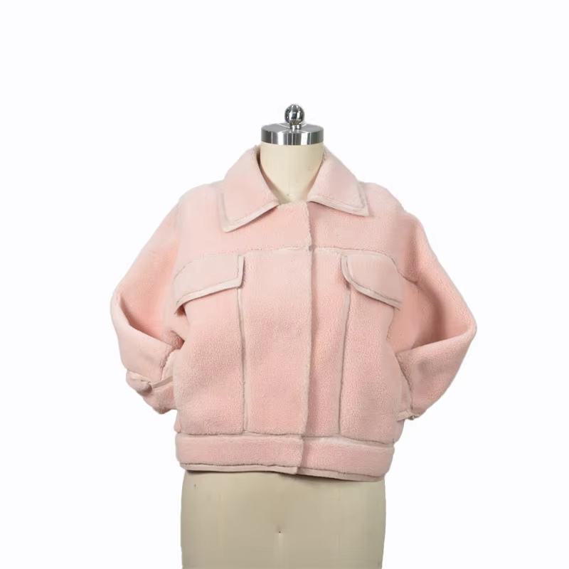 Long Sleeve Pocket Soft Cozy Plush Pink Winter Wool Blend Coats For Women