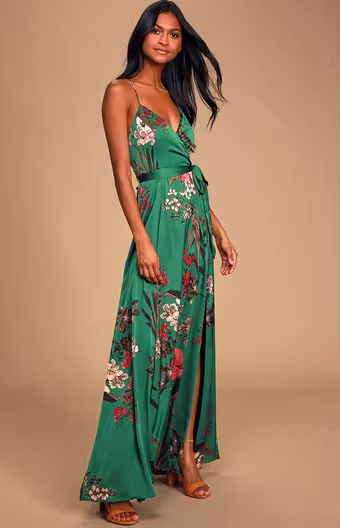 New Style Floral Explosive Digital Printed Strap sleeves V-neck Belted Side slit Cut Sexy Printed Wrap Dresses For Women
