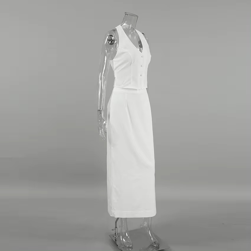 New Fashionable Street Office Ladies White Halter Backless Vest Crop Top And Maxi Long Skirt Two Piece Set Outfits