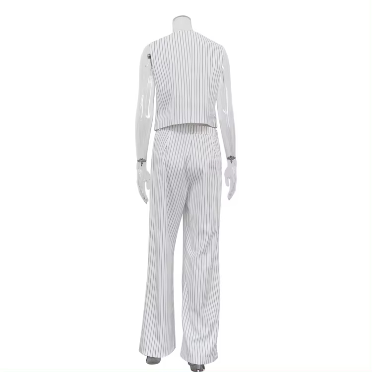 Hot Selling Office Street White Striped Vest Waistcoat And Wide Leg Pants Suits 2024 Summer New Two Piece Women's Clothing Set