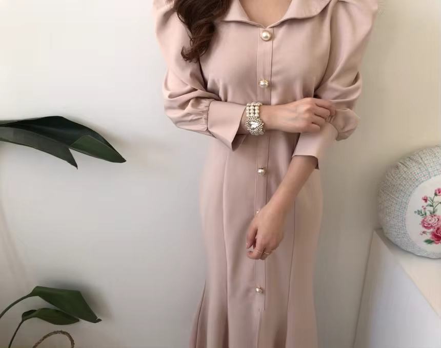 Chic Women's Dress In Stock French Bubble Sleeves Flip Collar Fishtail Skirt Clothing Dress