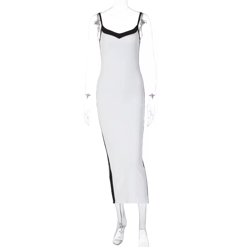 Patchwork Fashion Street V Neck Sleeveless Black And White Ladies Casual Slit Bodycon Midi Long Women Cami Dresses Slip Dress