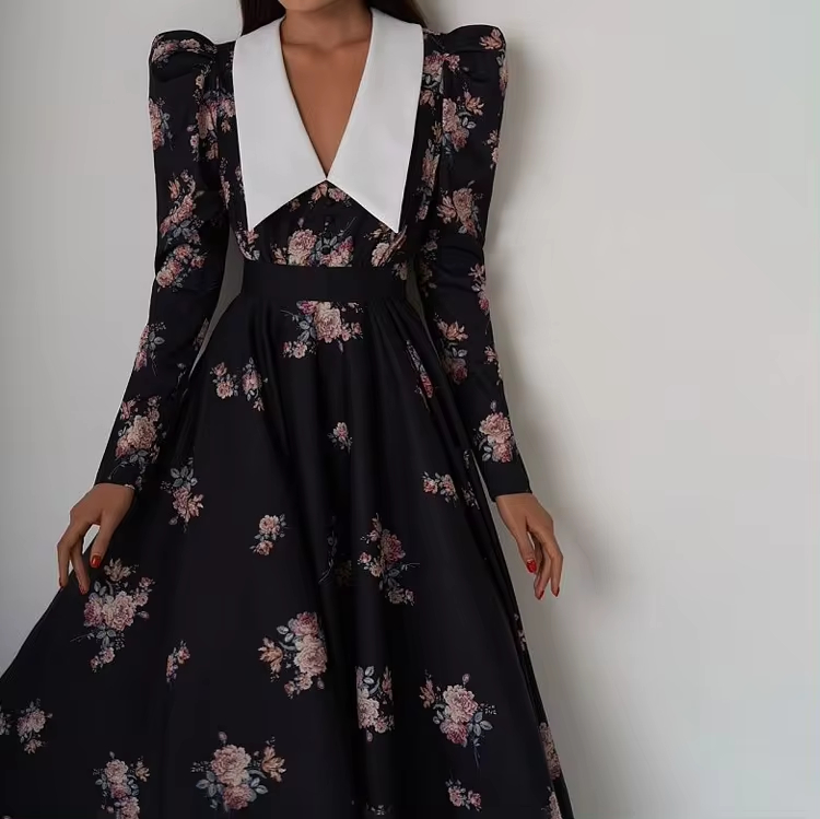 Vintage Zip Up French Elegant Flower Print Corset Long Sleeve Maxi Midi Dresses Ladies Casual Floral Long Dress Women With Belt