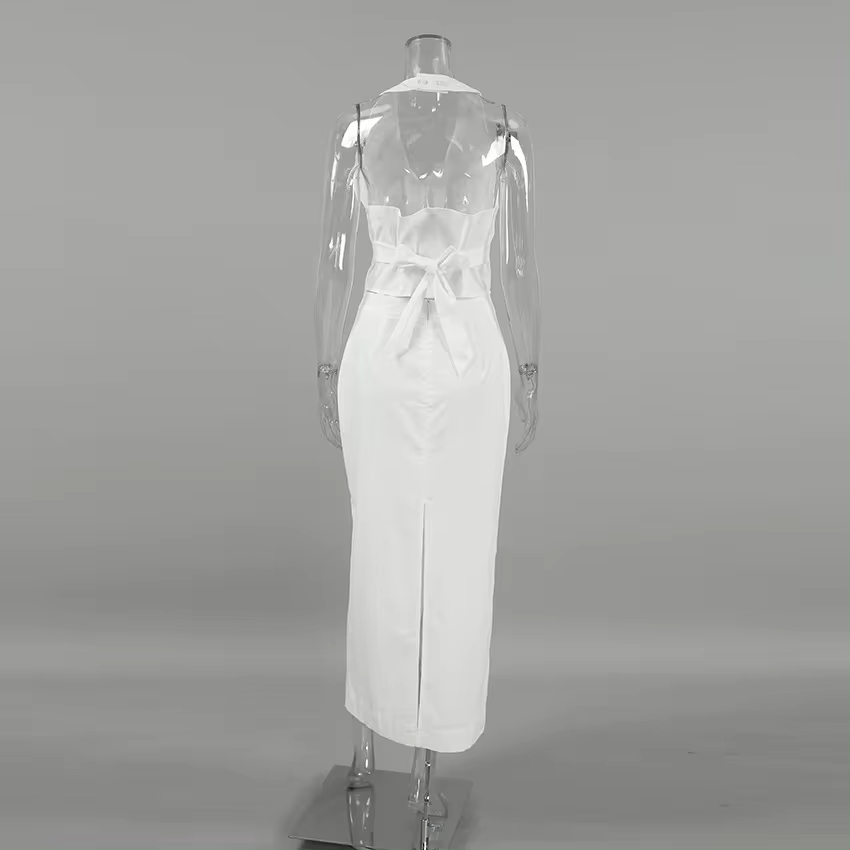 New Fashionable Street Office Ladies White Halter Backless Vest Crop Top And Maxi Long Skirt Two Piece Set Outfits