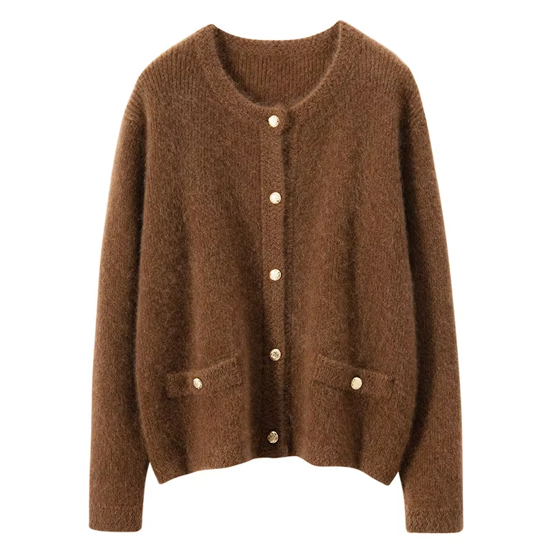 Winter crewneck cashmere cardigan women's pure cashmere knit jacket short elegant casual outerwear sweater
