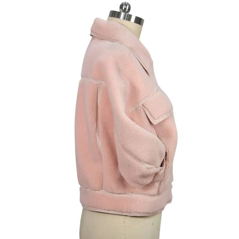 Long Sleeve Pocket Soft Cozy Plush Pink Winter Wool Blend Coats For Women