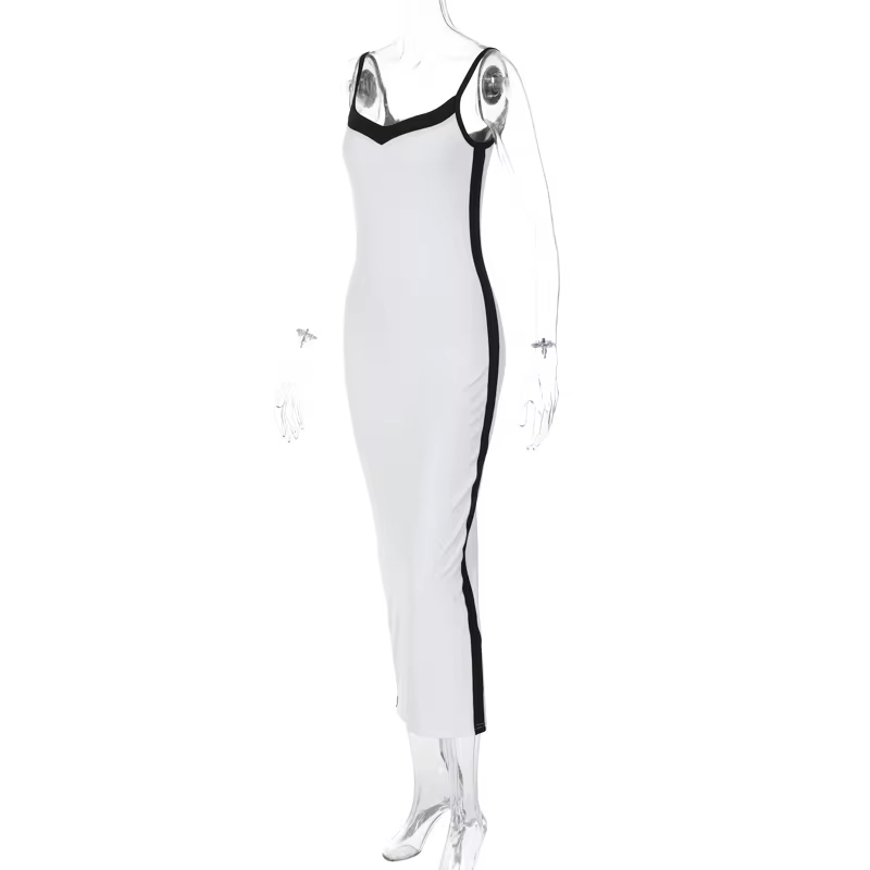 Patchwork Fashion Street V Neck Sleeveless Black And White Ladies Casual Slit Bodycon Midi Long Women Cami Dresses Slip Dress