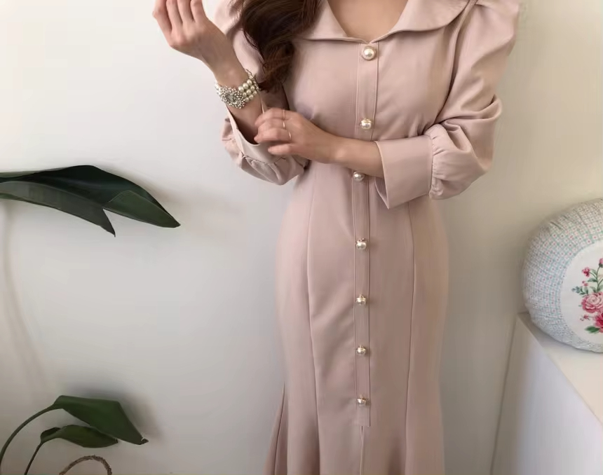 Chic Women's Dress In Stock French Bubble Sleeves Flip Collar Fishtail Skirt Clothing Dress