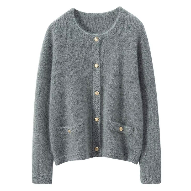 Winter crewneck cashmere cardigan women's pure cashmere knit jacket short elegant casual outerwear sweater