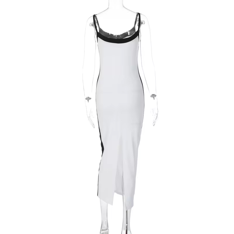 Patchwork Fashion Street V Neck Sleeveless Black And White Ladies Casual Slit Bodycon Midi Long Women Cami Dresses Slip Dress