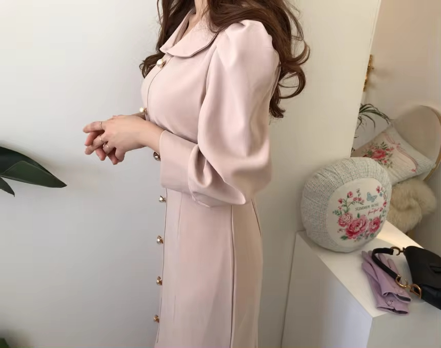 Chic Women's Dress In Stock French Bubble Sleeves Flip Collar Fishtail Skirt Clothing Dress