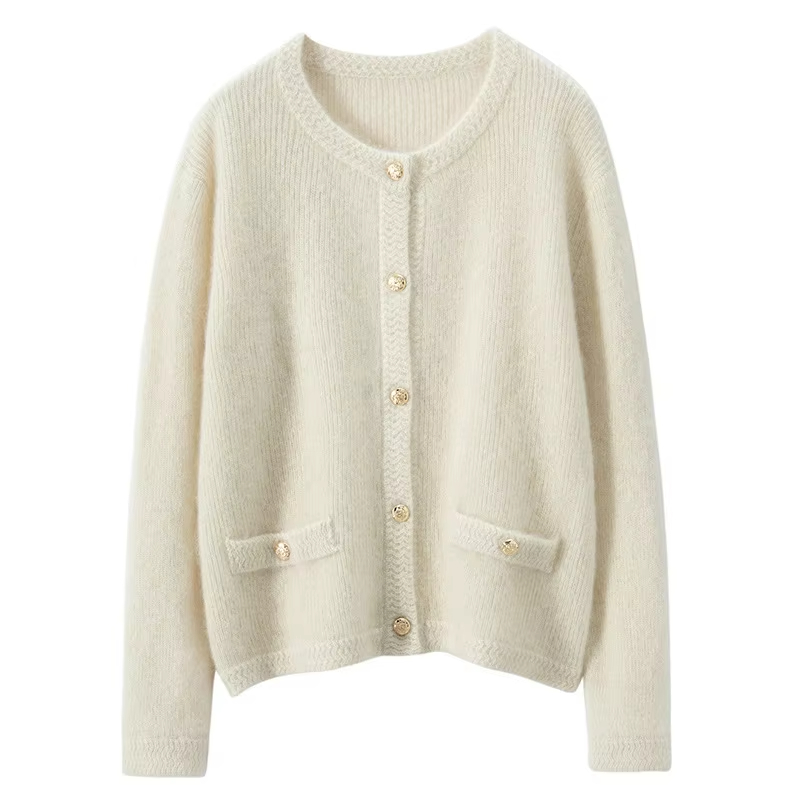 Winter crewneck cashmere cardigan women's pure cashmere knit jacket short elegant casual outerwear sweater