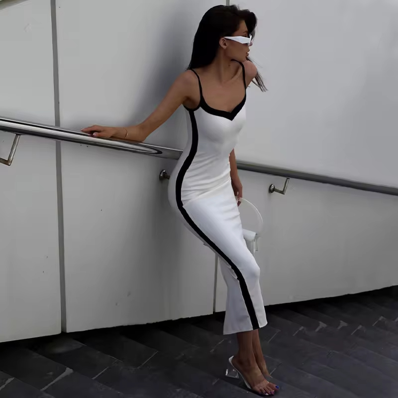 Patchwork Fashion Street V Neck Sleeveless Black And White Ladies Casual Slit Bodycon Midi Long Women Cami Dresses Slip Dress