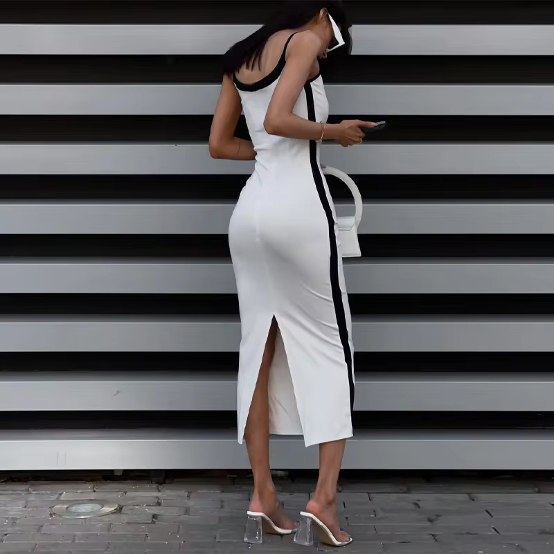 Patchwork Fashion Street V Neck Sleeveless Black And White Ladies Casual Slit Bodycon Midi Long Women Cami Dresses Slip Dress