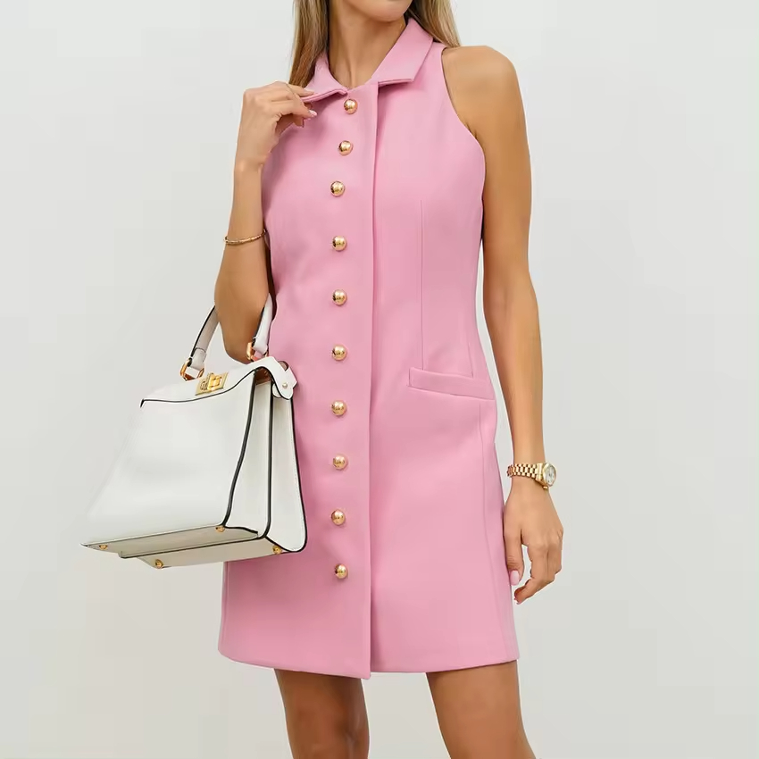 Dummy Pockets Design Pink Single-Breasted Bodycon Elegant Short Dress Wholesale Button Up Ladies Office Tank Dresses For Women