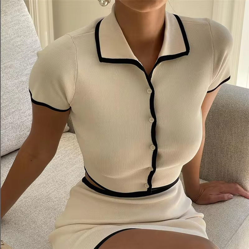 Summer Women's Clothing Ladies Ribbed Short Sleeve Shirt Mini Skirts Two Piece Co Ord Sets Crop Top And Skirt Set For Women