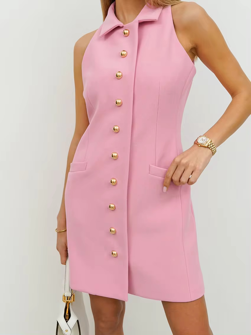 Dummy Pockets Design Pink Single-Breasted Bodycon Elegant Short Dress Wholesale Button Up Ladies Office Tank Dresses For Women