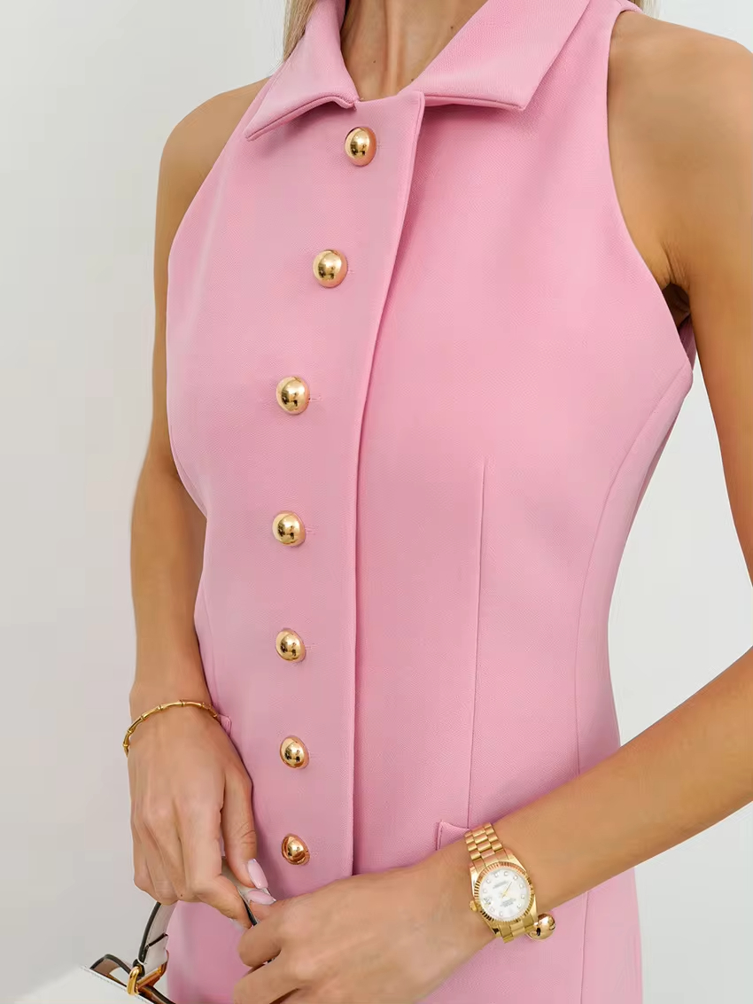 Dummy Pockets Design Pink Single-Breasted Bodycon Elegant Short Dress Wholesale Button Up Ladies Office Tank Dresses For Women