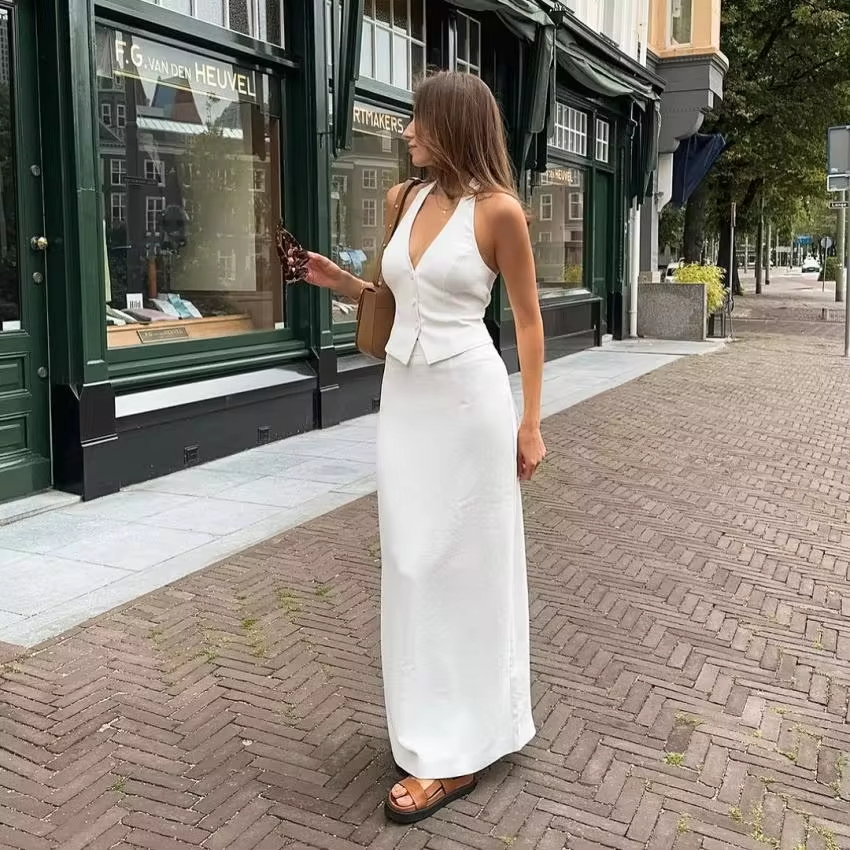 New Fashionable Street Office Ladies White Halter Backless Vest Crop Top And Maxi Long Skirt Two Piece Set Outfits