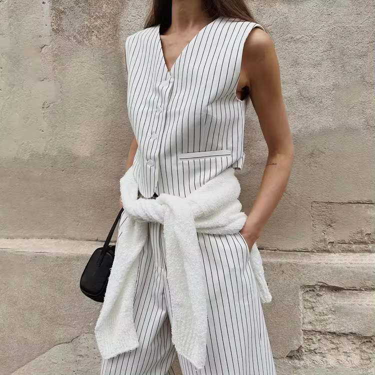 Hot Selling Office Street White Striped Vest Waistcoat And Wide Leg Pants Suits 2024 Summer New Two Piece Women's Clothing Set