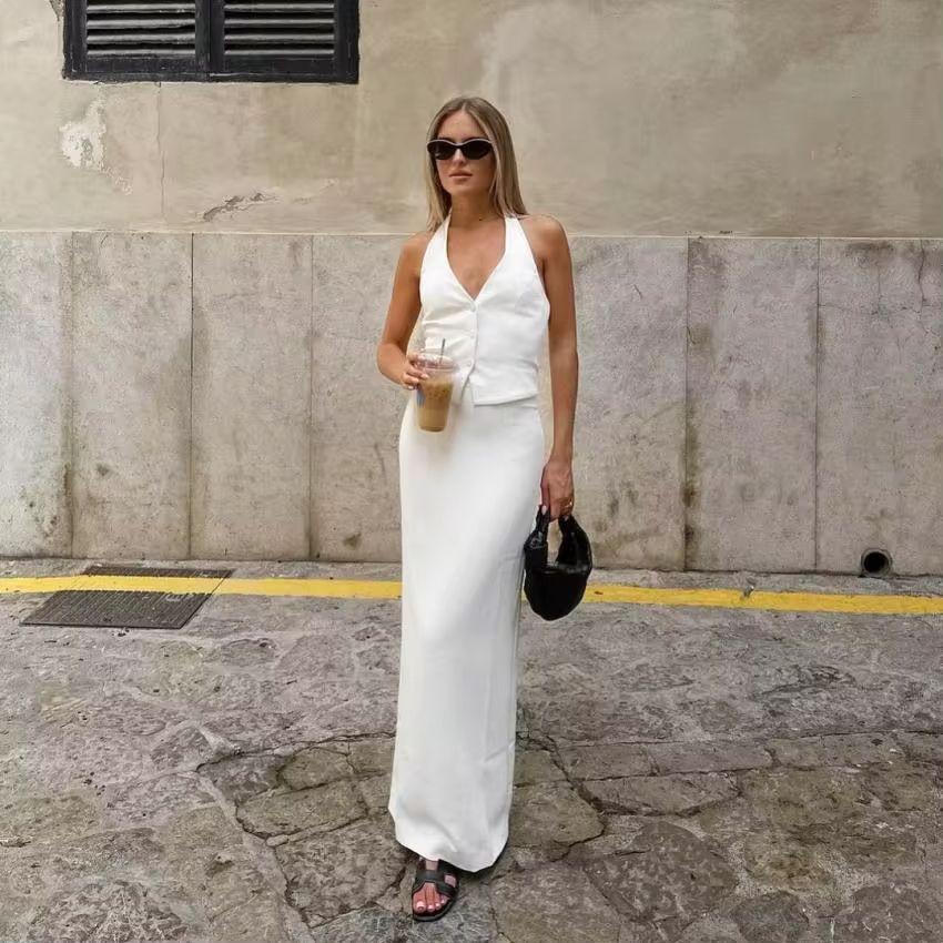 New Fashionable Street Office Ladies White Halter Backless Vest Crop Top And Maxi Long Skirt Two Piece Set Outfits