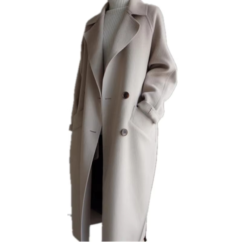 Cashmere Long Loose Coat Beige Wool Coat Windproof Coat Mid-length Winter Womens Fur Casual Polyester Knitted Thick