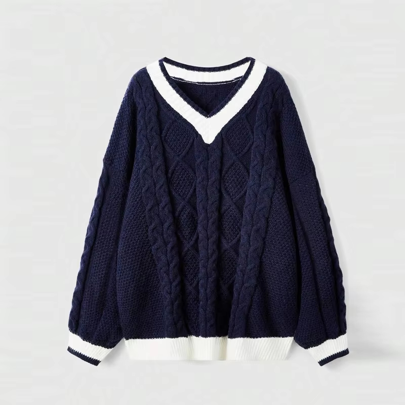 Fashion Winter Soild Color V Neck Cricket Chunky Oversized Cotton Custom Cable Knitted Knitwear Women's Pullover Sweater Jumper