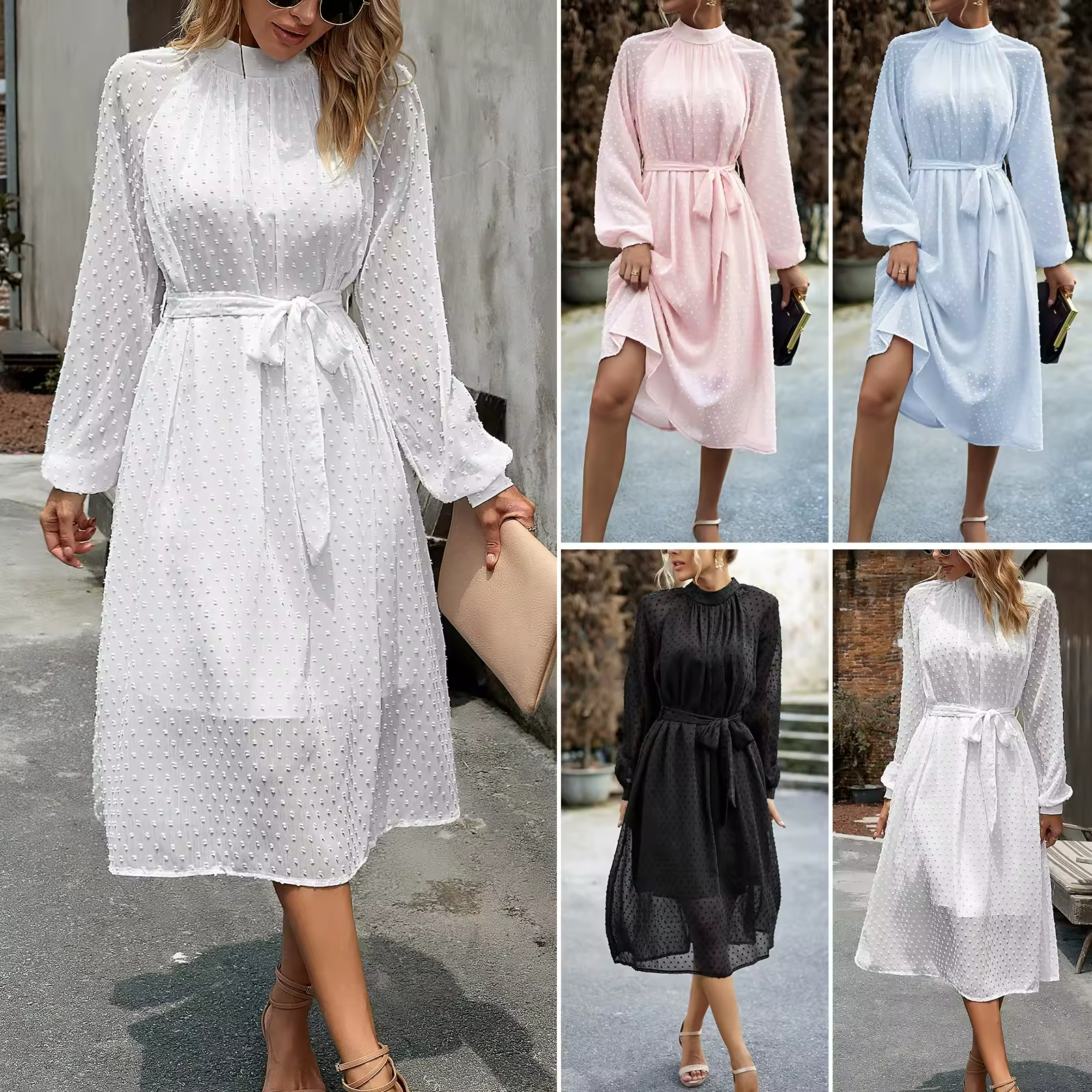 Elegant Long Sleeve Sexy Women s Fashion Hawaiian Chiffon Maxi Dress With Sleeves High O-Neck Flowy Swing Dress