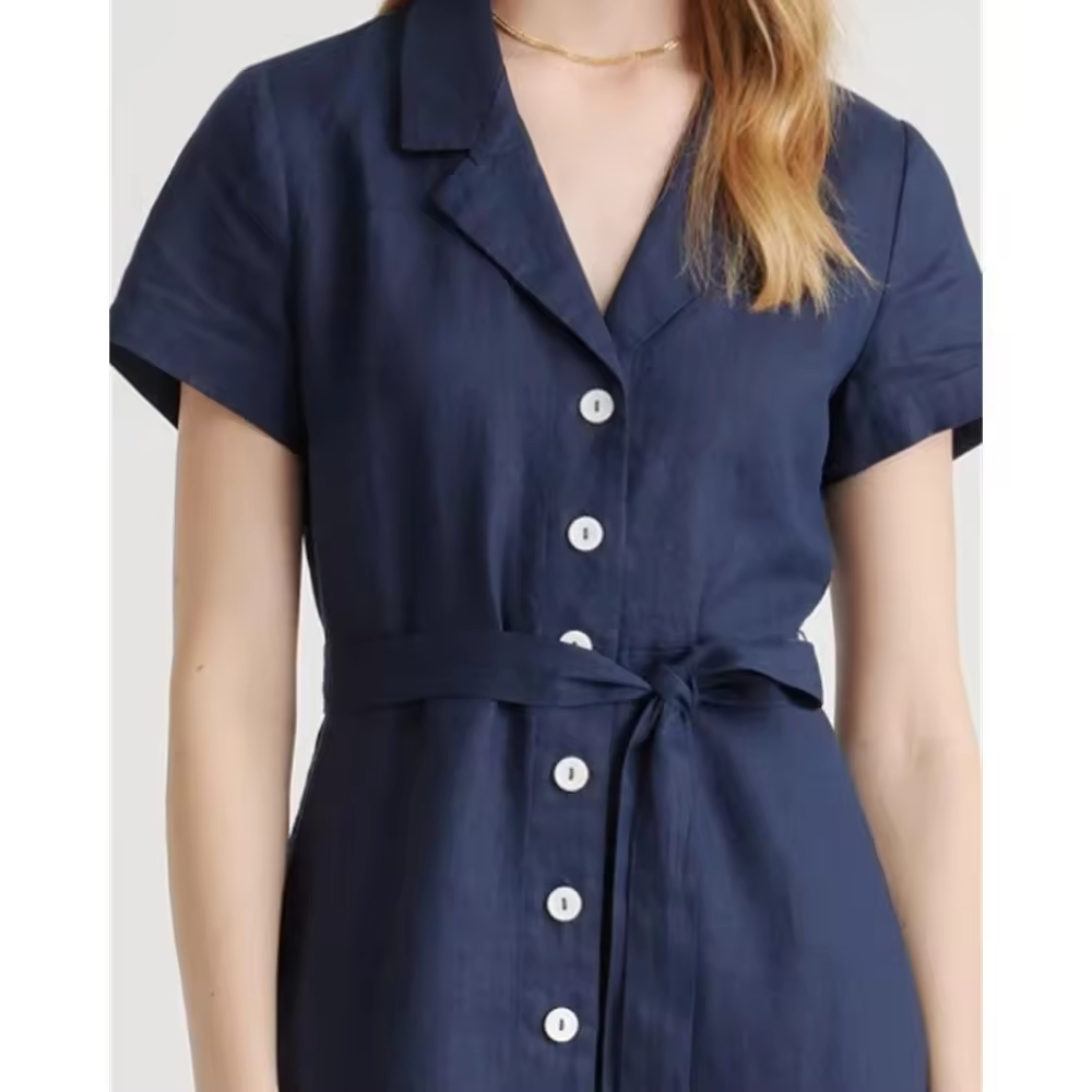 Linen long button down Shirt summer office dresses hot sale causal Midi Dress with Pockets