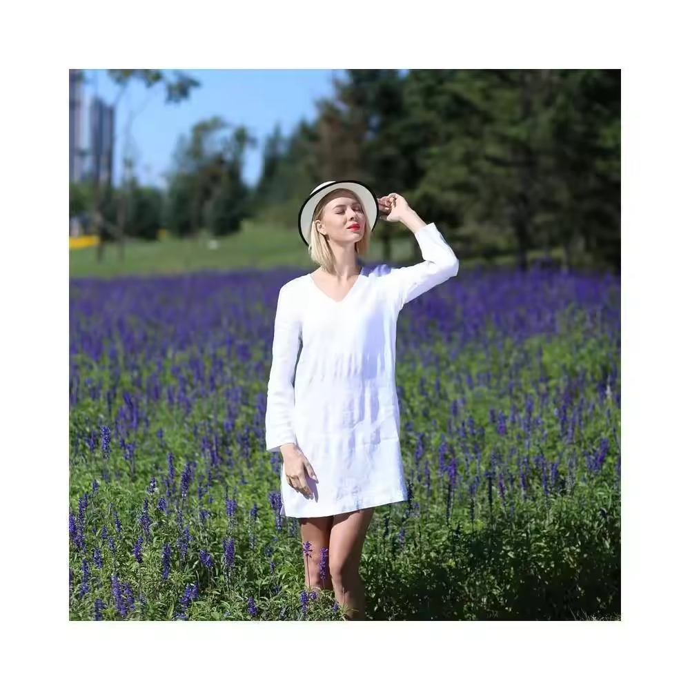 Popular V Neck Cotton Loose Shift Tunic Smock Summer Dresses Vacation Dress