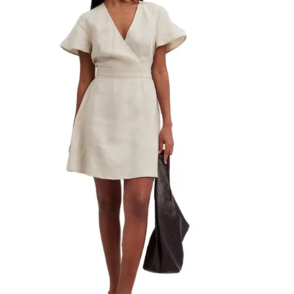Factory wholesale Pretty cute summer dresses Linen cotton Flowy Tie Back Mini casual Dress for women