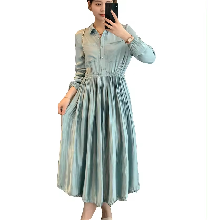 New Autumn Dress Japan Korean Style versatile Elegant Long Sleeve mid length satin shirt pleated Casual dress for Lady