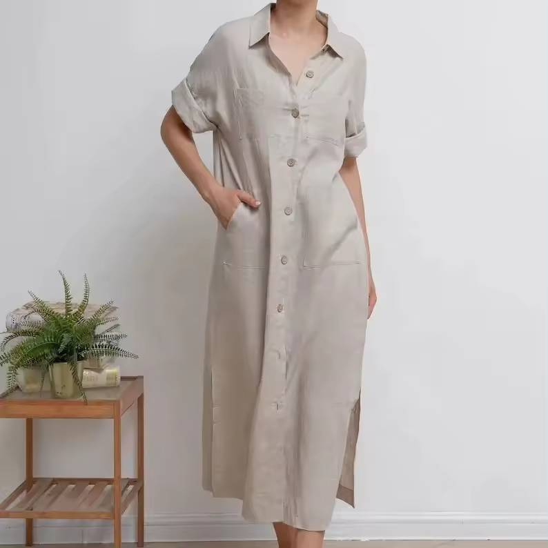 New Arrival Cotton Fabric Dress for Women Button Down Dress Short Sleeve V Neck Casual Shirt Cover up Dress For Women