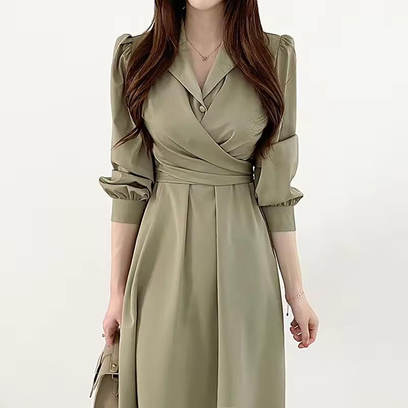 Boutique Wholesale Solid Color Cotton Spring Lapel Puff Sleeve Casual Long Sleeve Fashion Women's Dress
