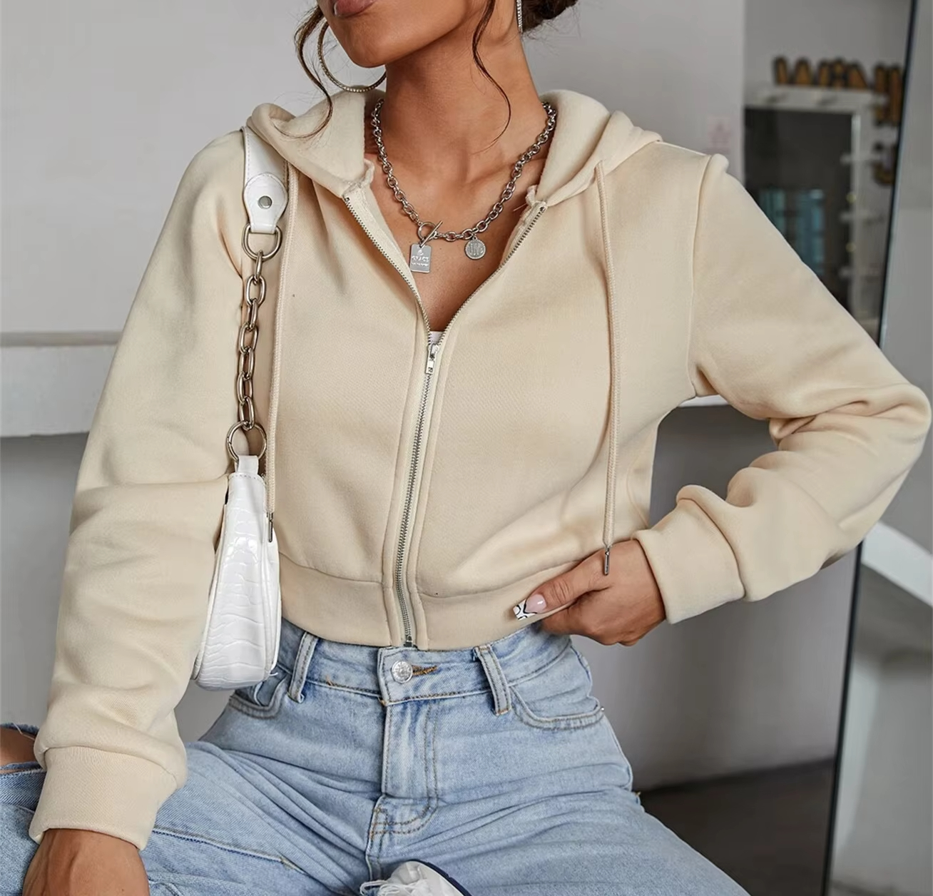 Manufacturer Custom Hoodie Women High quality Cotton Full Zip Up Drawstring Thermal Lined Hoodie Fall Free Sample