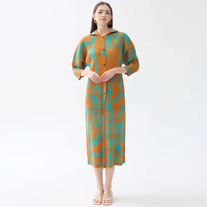 New Floral Printed Single-Breasted Pleated Hooded Dress Sun Proof Dress Casual Lady Slim Maillard Long Women's Clothing