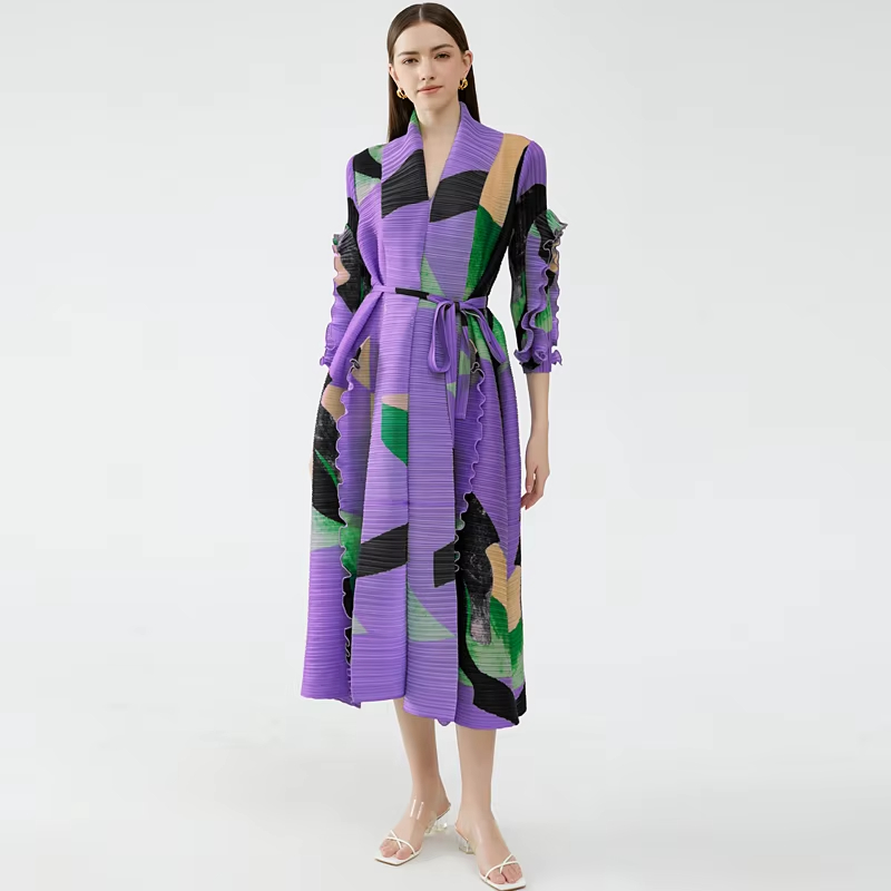 2024 Hotsale Open Long Dress Coat Ruffled Sleeves Luxury Pleated Clothing Color Blocking Women's dress
